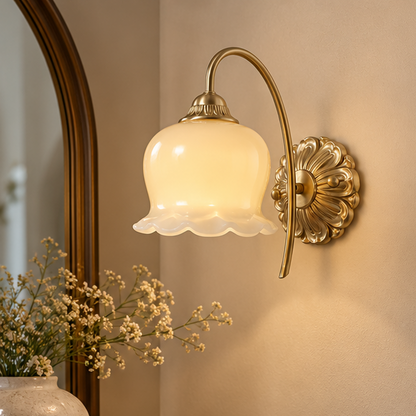 RoyaleGlow Vintage Frosted Tulip Wall Sconce - Brass Floral Wall Lamp For Living Room