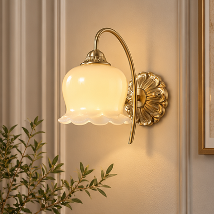 RoyaleGlow Vintage Frosted Tulip Wall Sconce - Brass Floral Wall Lamp For Living Room