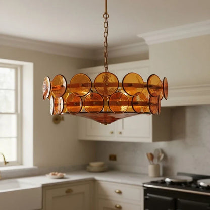 RoyaleGlow Modern Amber Glass Disc Chandelier Hanging Light Fixture For Dining Room