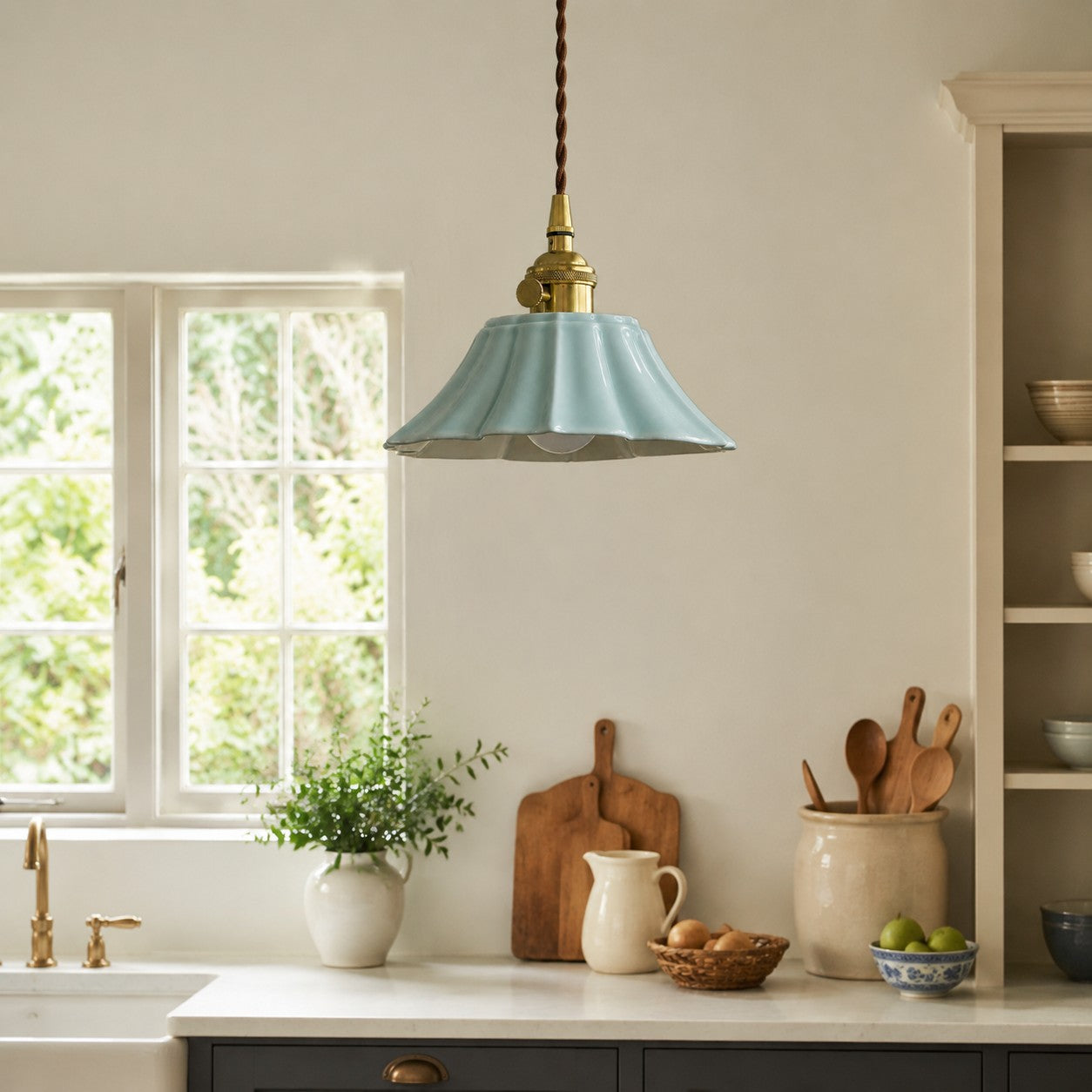 Vintage Celadon Ceramic Lotus Pendant Light 5