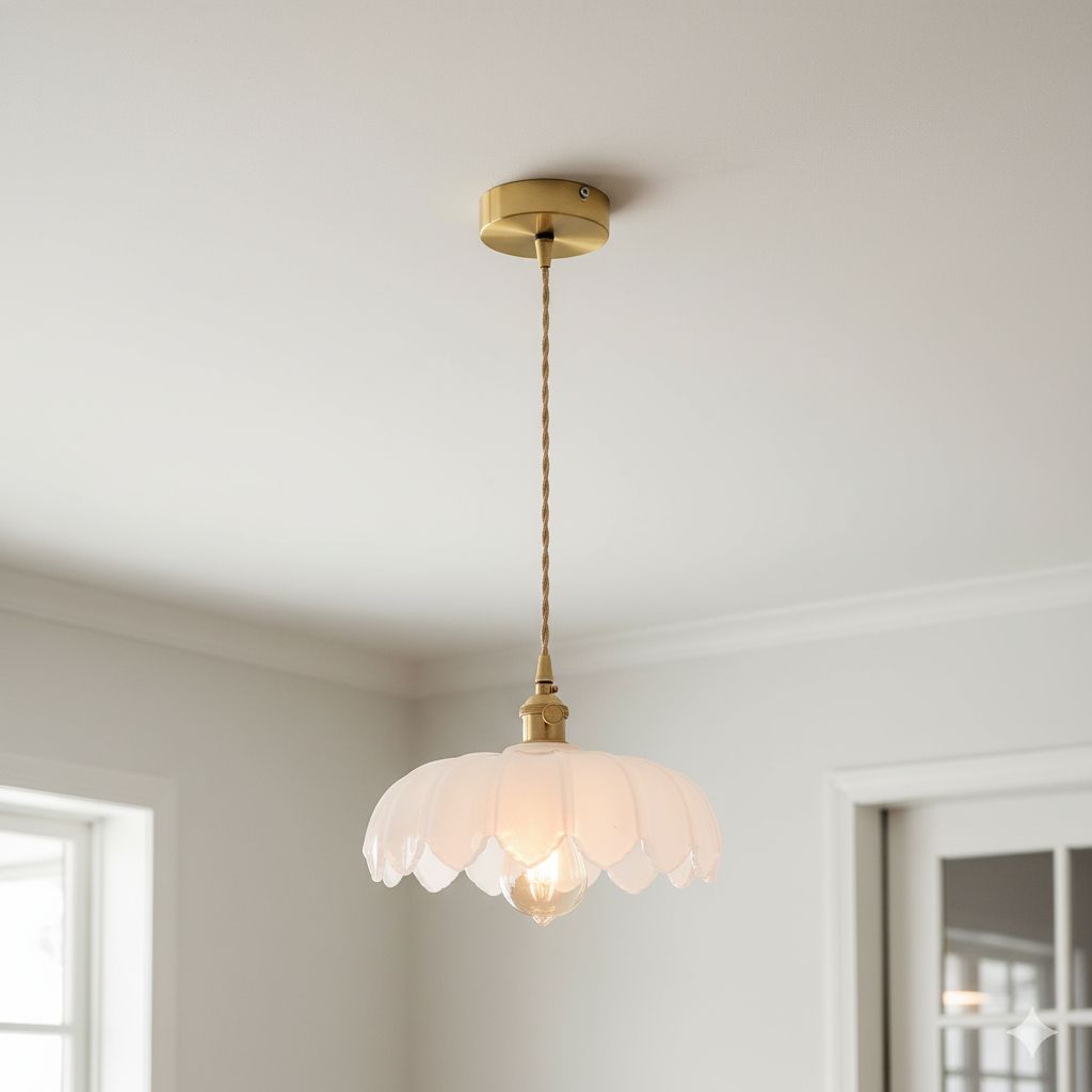 Vintage Floral Scalloped Glass Hanging Lamp 2