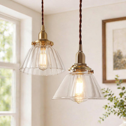 Vintage Retro 1-Light Clear Pleated Glass Cone Bell Pendant Light 1