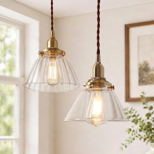 Vintage Retro 1-Light Clear Pleated Glass Cone Bell Pendant Light 1