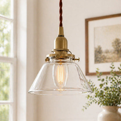 Vintage Retro 1-Light Clear Pleated Glass Cone Bell Pendant Light 3
