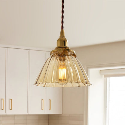 Vintage Retro 1-Light Clear Pleated Glass Cone Bell Pendant Light 4