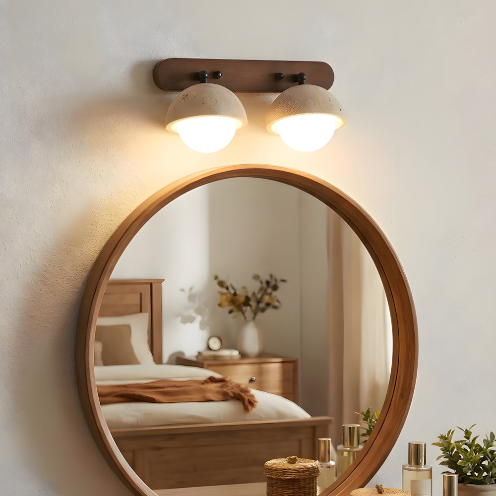 LuxRoyale Travertine Wabi-Sabi Vanity Light with Walnut Backplate