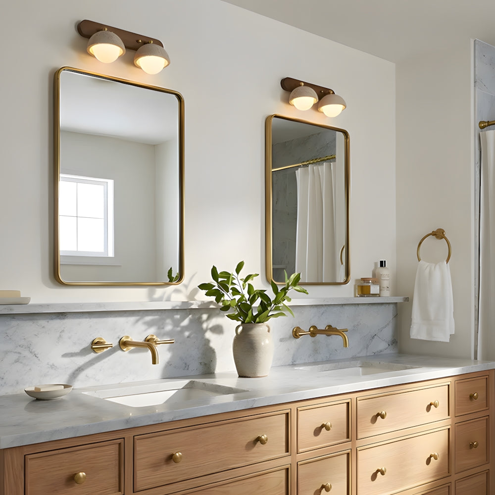 LuxRoyale Travertine Wabi-Sabi Vanity Light with Walnut Backplate