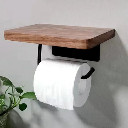 Wall-Mounted Walnut Toilet Paper Holder with Shelf 0