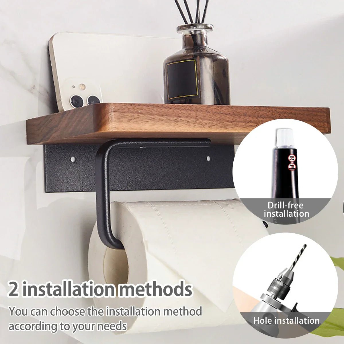 Wall-Mounted Walnut Toilet Paper Holder with Shelf 3