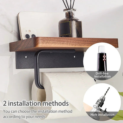 Wall-Mounted Walnut Toilet Paper Holder with Shelf 3
