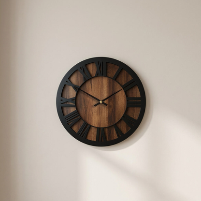 Wall Clock Wooden Open Dial Round Silent Battery Operated