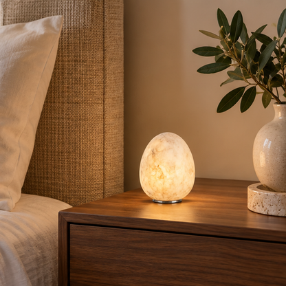 RoyaleGlow Natural Alabaster Cordless Accent Lamp - Rechargeable Egg Shaped Stone Light