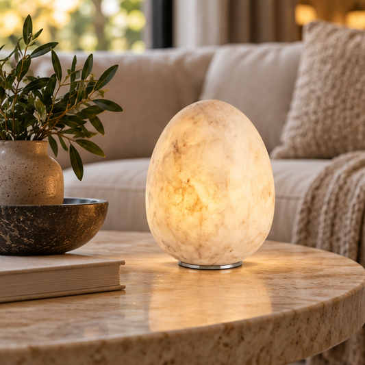 RoyaleGlow Natural Alabaster Cordless Accent Lamp - Rechargeable Egg Shaped Stone Light