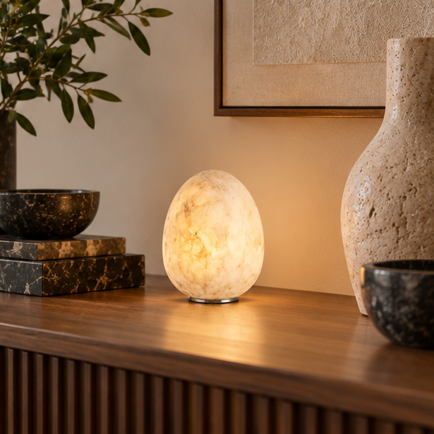 RoyaleGlow Natural Alabaster Cordless Accent Lamp - Rechargeable Egg Shaped Stone Light