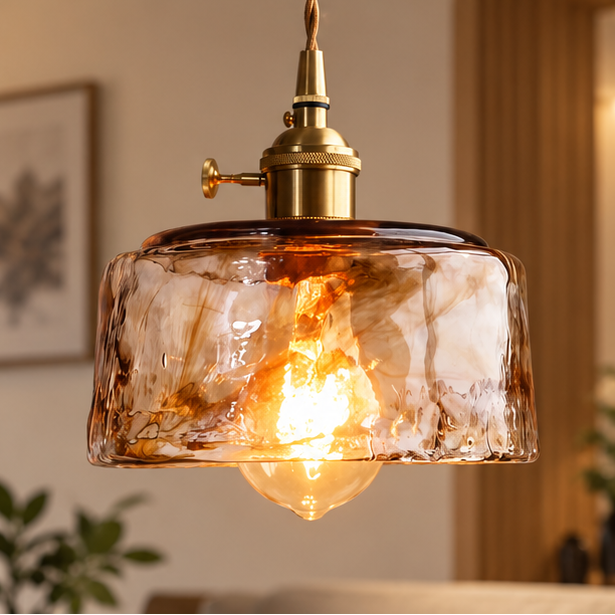 RoyaleGlow Vintage Amber Glass Pendant Light - Brass Hanging Fixture