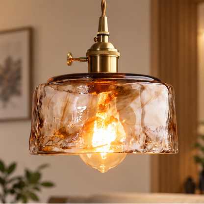 RoyaleGlow Vintage Amber Glass Pendant Light - Brass Hanging Fixture