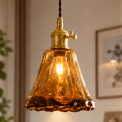 RoyaleGlow Vintage Amber Glass Pendant Light - Brass Hanging Fixture