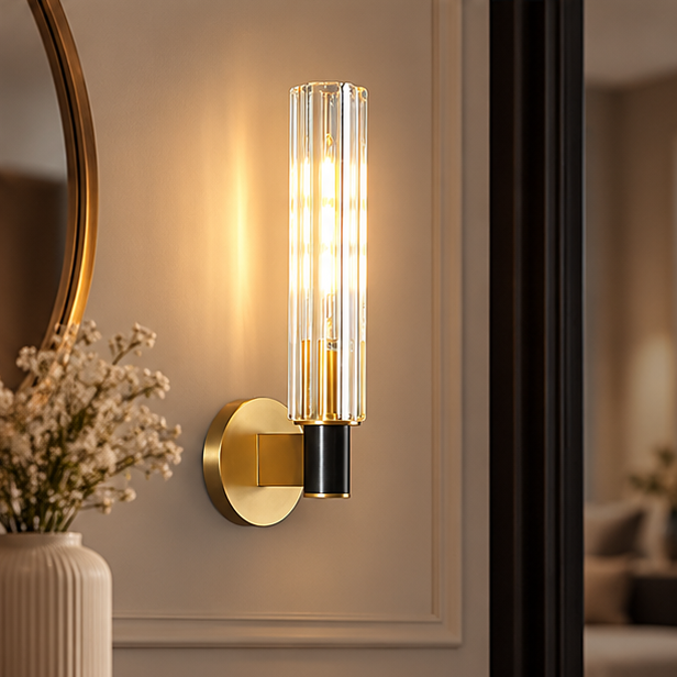 LuxRoyale Modern Brass And Ribbed Glass Wall Lamp Sconce