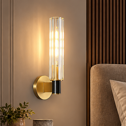 LuxRoyale Modern Brass And Ribbed Glass Wall Lamp Sconce