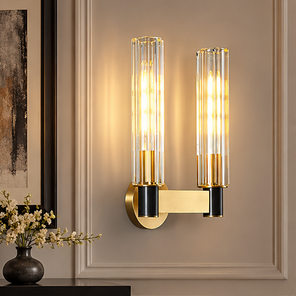 LuxRoyale Modern Brass And Ribbed Glass Wall Lamp Sconce
