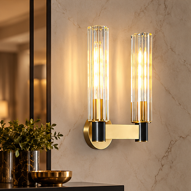 LuxRoyale Modern Brass And Ribbed Glass Wall Lamp Sconce