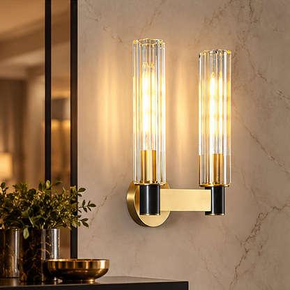 LuxRoyale Modern Brass And Ribbed Glass Wall Lamp Sconce