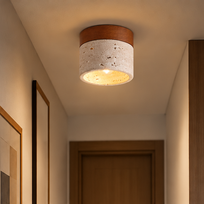 RoyaleGlow Natural Travertine Cylinder Flush Mount Ceiling Light Fixture