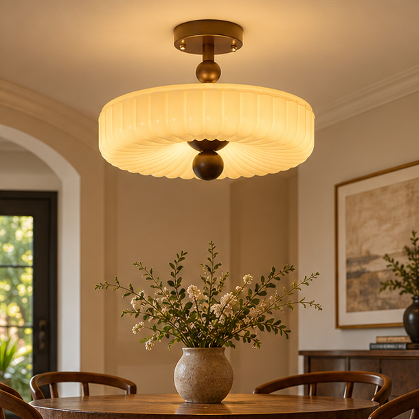 RoyaleGlow Vintage Scalloped Ribbed Glass Semi Flush Mount Ceiling Light Fixture