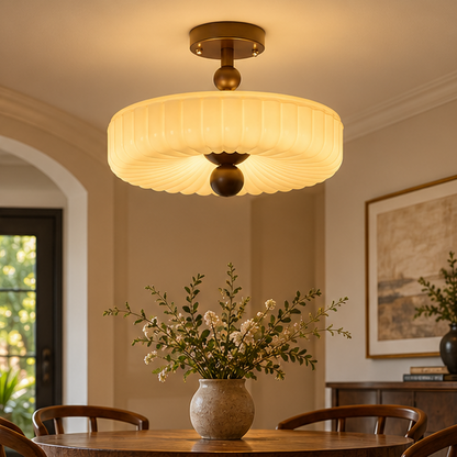 RoyaleGlow Vintage Scalloped Ribbed Glass Semi Flush Mount Ceiling Light Fixture