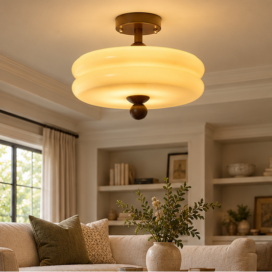 RoyaleGlow Vintage Scalloped Ribbed Glass Semi Flush Mount Ceiling Light Fixture