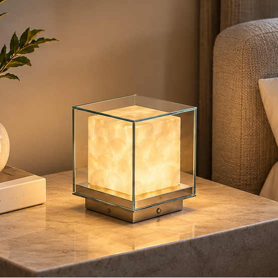 RoyaleGlow Glass Cube Table Lamp - Modern Ambient Bedside Light