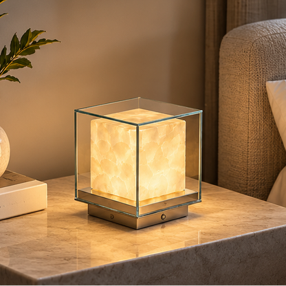RoyaleGlow Glass Cube Table Lamp - Modern Ambient Bedside Light