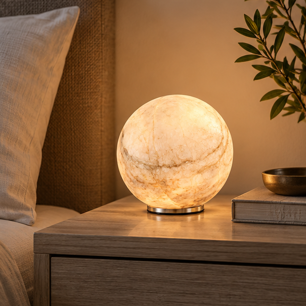 RoyaleGlow Cordless Alabaster Sphere Table Lamp - LED Marble Orb Light