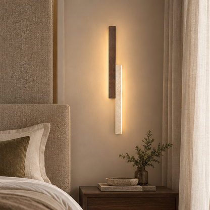 RoyaleGlow Modern Travertine and Wood Wall Sconce Light for Living Room, Stairway & Bedroom