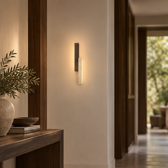 RoyaleGlow Modern Travertine and Wood Wall Sconce Light for Living Room, Stairway & Bedroom