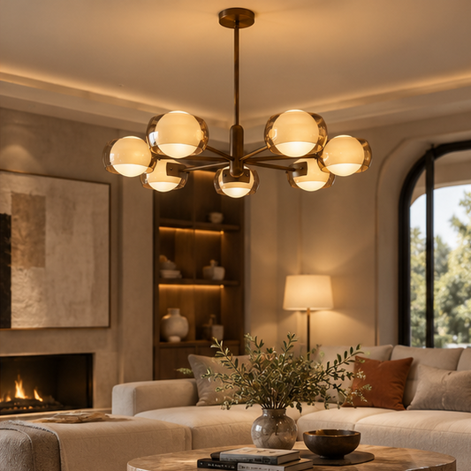 Royelux Dual Glass Globe Chandelier - Mid Century Modern Bronze Pendant Light