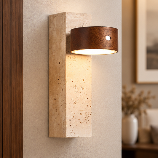 Royelux Modern Travertine and Wood Wall Sconce -  Japandi Wabi Sabi Design