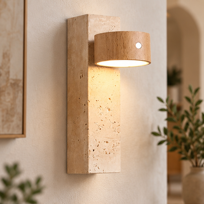 Royelux Modern Travertine and Wood Wall Sconce -  Japandi Wabi Sabi Design