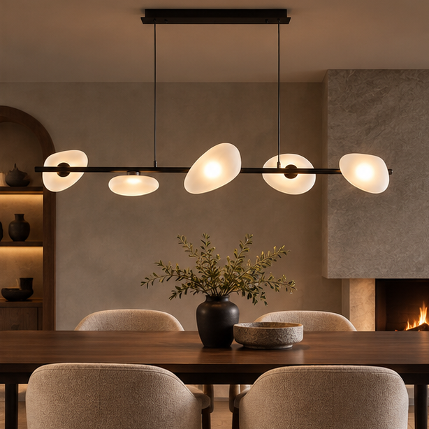 LuxRoyale Pebble Glass Linear Chandelier - Remote Dimmable LED Modern Island Pendant Light