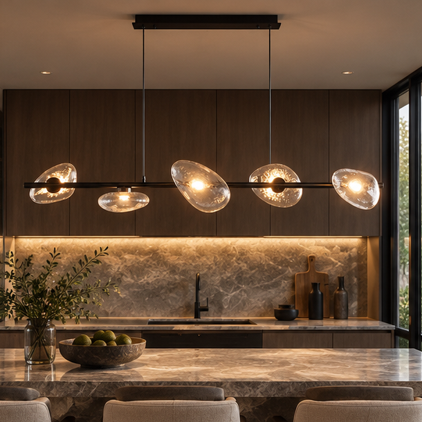 LuxRoyale Pebble Glass Linear Chandelier - Remote Dimmable LED Modern Island Pendant Light