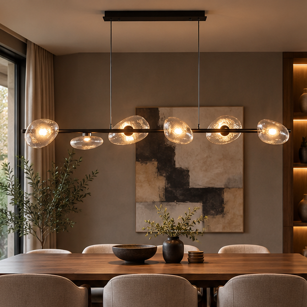 LuxRoyale Pebble Glass Linear Chandelier - Remote Dimmable LED Modern Island Pendant Light