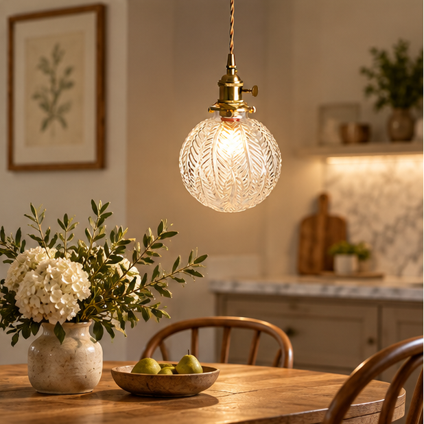LuxRoyale Embossed Glass Globe Pendant Light - Brass Hanging Lamp for Dining, Kitchen Island, Bedroom
