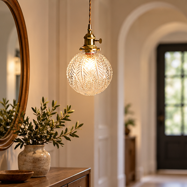 LuxRoyale Embossed Glass Globe Pendant Light - Brass Hanging Lamp for Dining, Kitchen Island, Bedroom