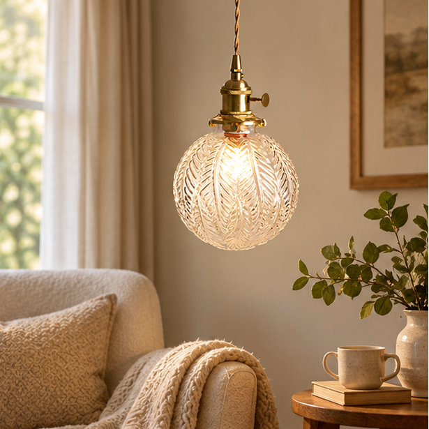 LuxRoyale Embossed Glass Globe Pendant Light - Brass Hanging Lamp for Dining, Kitchen Island, Bedroom