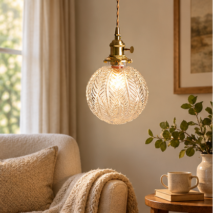LuxRoyale Embossed Glass Globe Pendant Light - Brass Hanging Lamp for Dining, Kitchen Island, Bedroom