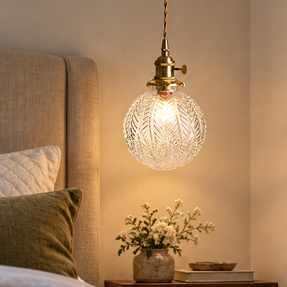 LuxRoyale Embossed Glass Globe Pendant Light - Brass Hanging Lamp for Dining, Kitchen Island, Bedroom