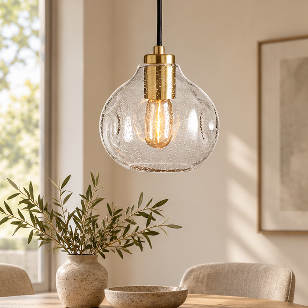 RoyaleGlow Modern Organic Glass Pendant Light Fixture with Brushed Brass