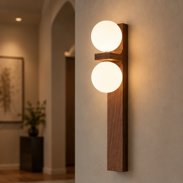 RoyaleGlow Modern Wood Wall Sconce - Dimmable Glass Globe Vanity Light Fixture