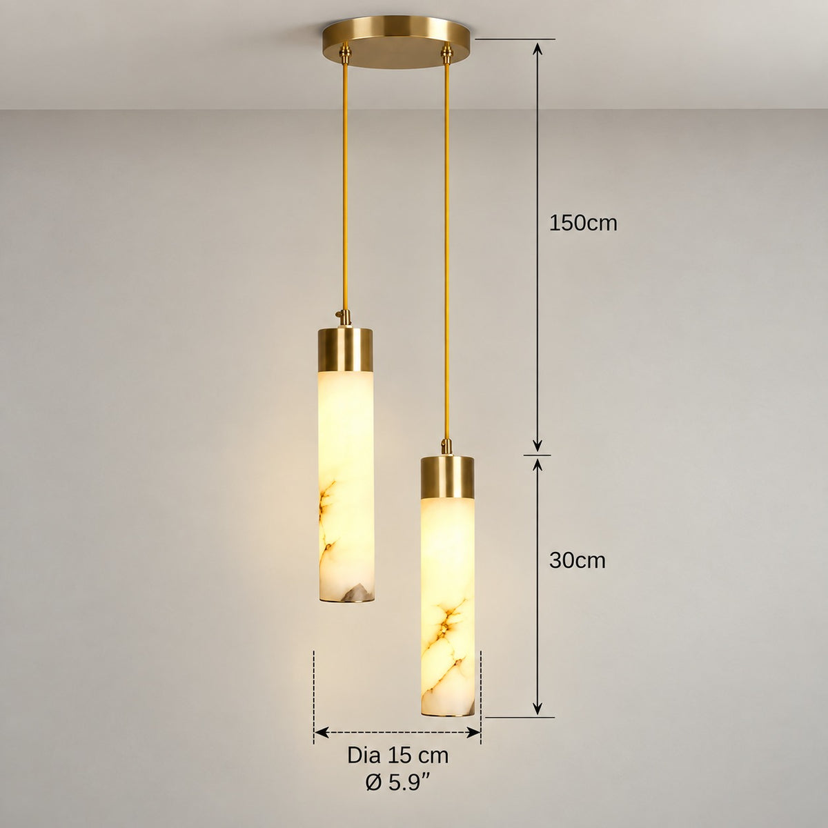 Royelux Alabaster Cylinder Pendant Light with Brass Accents - Modern Elegance - Royale Basic
