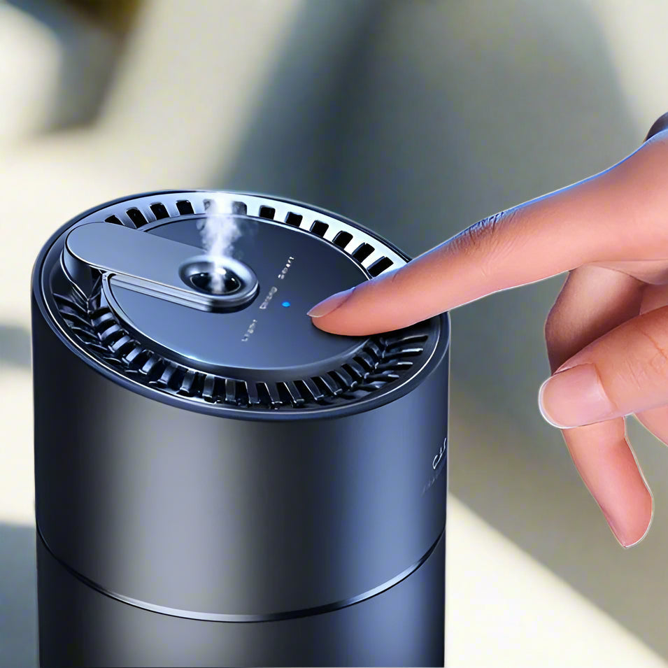 Smart car air freshener with automatic on/off, aluminum leak-proof design, 45ml natural scent, touch controls, and 60-day battery life.